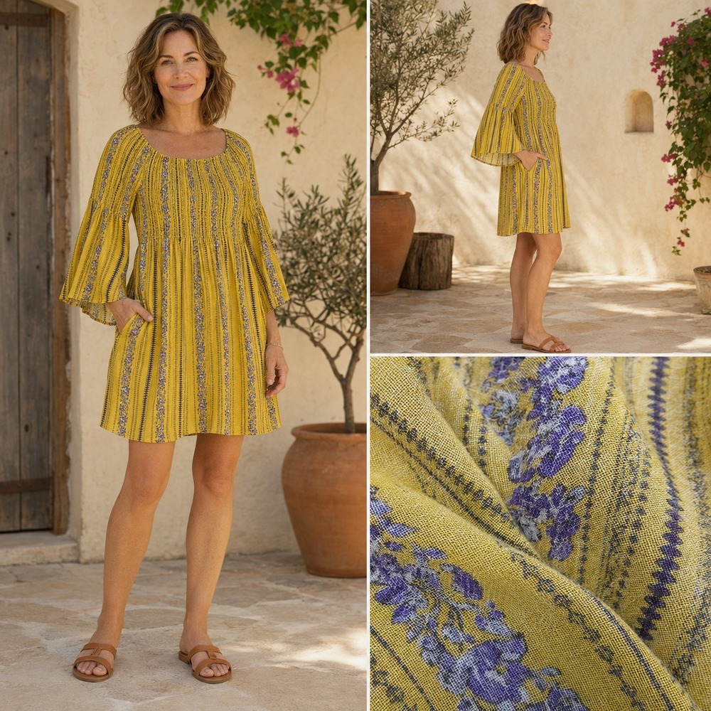 Yellow Purple Floral Boho‎ Smocked Bell Sleeve Mini Dress L Festival Whimsical